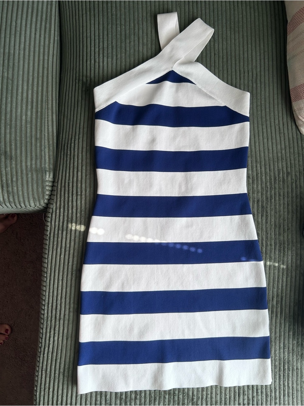 White and Blue Striped M Halter Dress